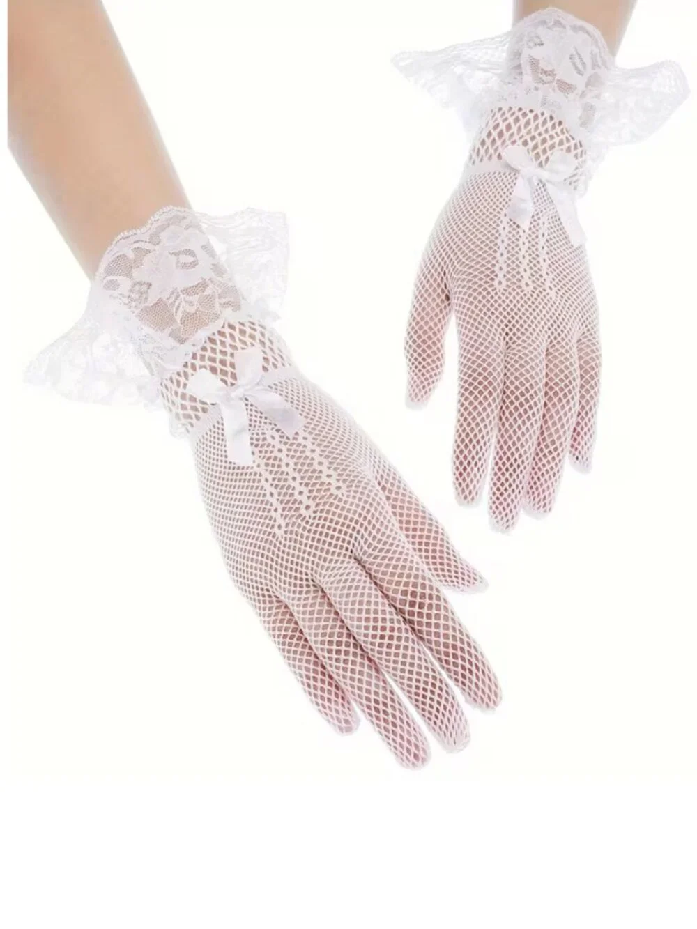 White Fishnet Lace Gloves Trim Satin Bow Wedding Gothic Carnival Role-Playing
